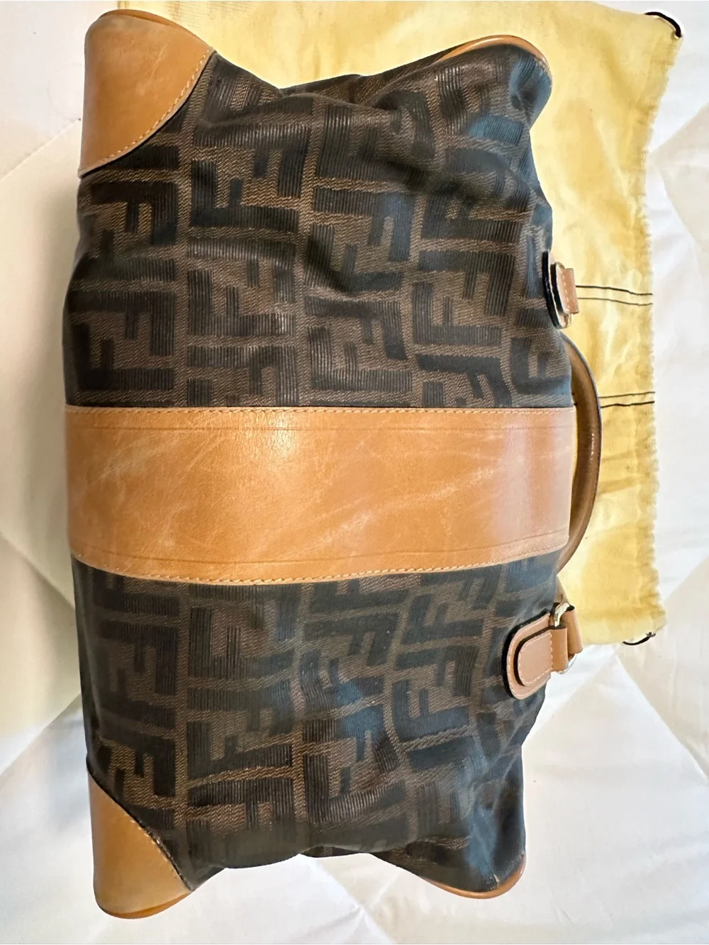 Fendi Brown Monogram Barrel Bag with Tan Leather Stripe